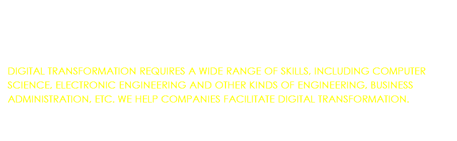 &nbsp;DIGITAL TRANSFORMATION REQUIRES A WIDE RANGE OF SKILLS, INCLUDING COMPUTER SCIENCE, ELECTRONIC ENGINEERING AND OTHER KINDS OF ENGINEERING, BUSINESS ADMINISTRATION, ETC. WE HELP COMPANIES FACILITATE DIGITAL TRANSFORMATION.